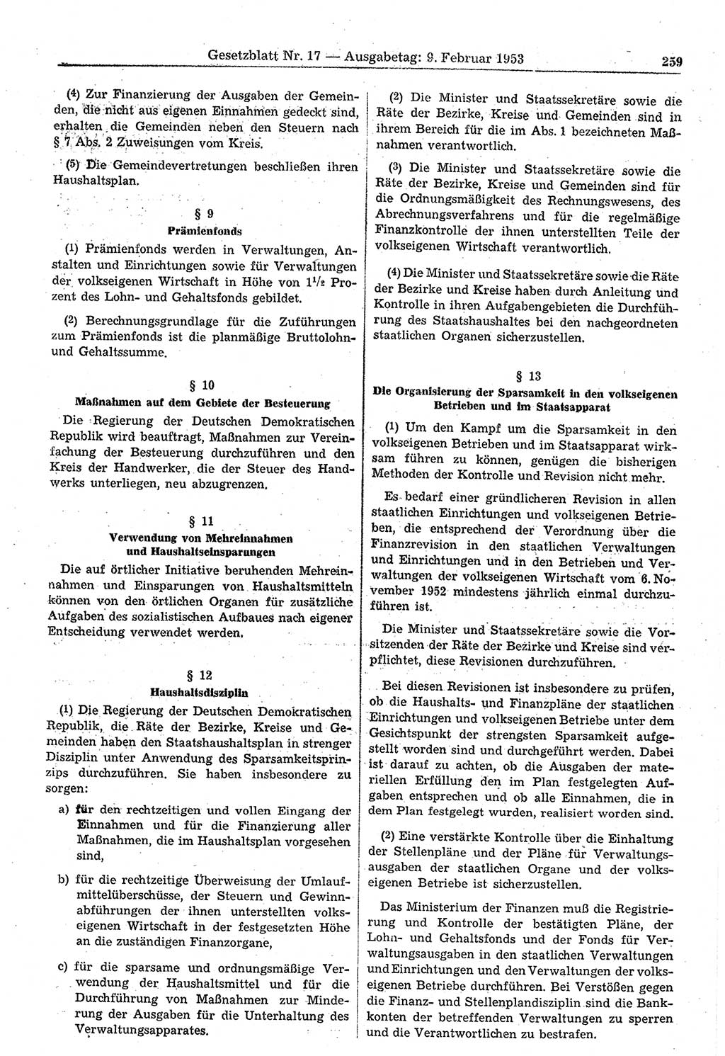 Gesetzblatt (GBl.) der Deutschen Demokratischen Republik (DDR) 1953, Seite 259 (GBl. DDR 1953, S. 259)