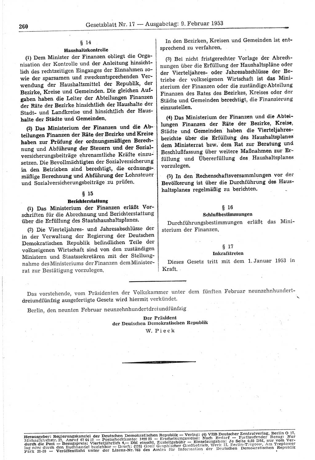 Gesetzblatt (GBl.) der Deutschen Demokratischen Republik (DDR) 1953, Seite 260 (GBl. DDR 1953, S. 260)