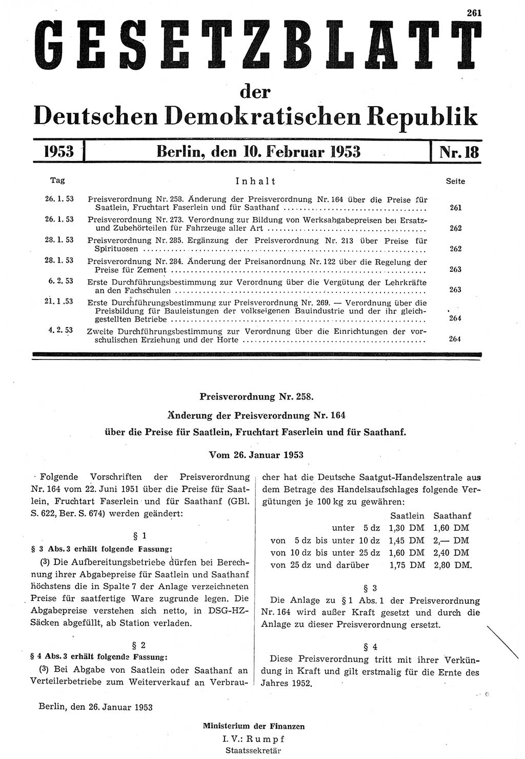 Gesetzblatt (GBl.) der Deutschen Demokratischen Republik (DDR) 1953, Seite 261 (GBl. DDR 1953, S. 261)
