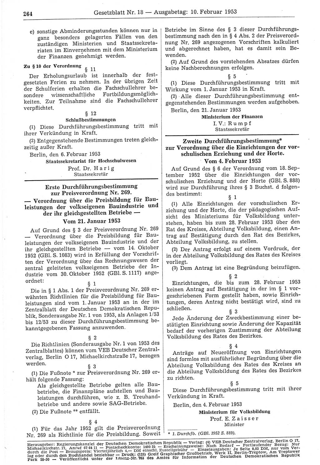 Gesetzblatt (GBl.) der Deutschen Demokratischen Republik (DDR) 1953, Seite 264 (GBl. DDR 1953, S. 264)