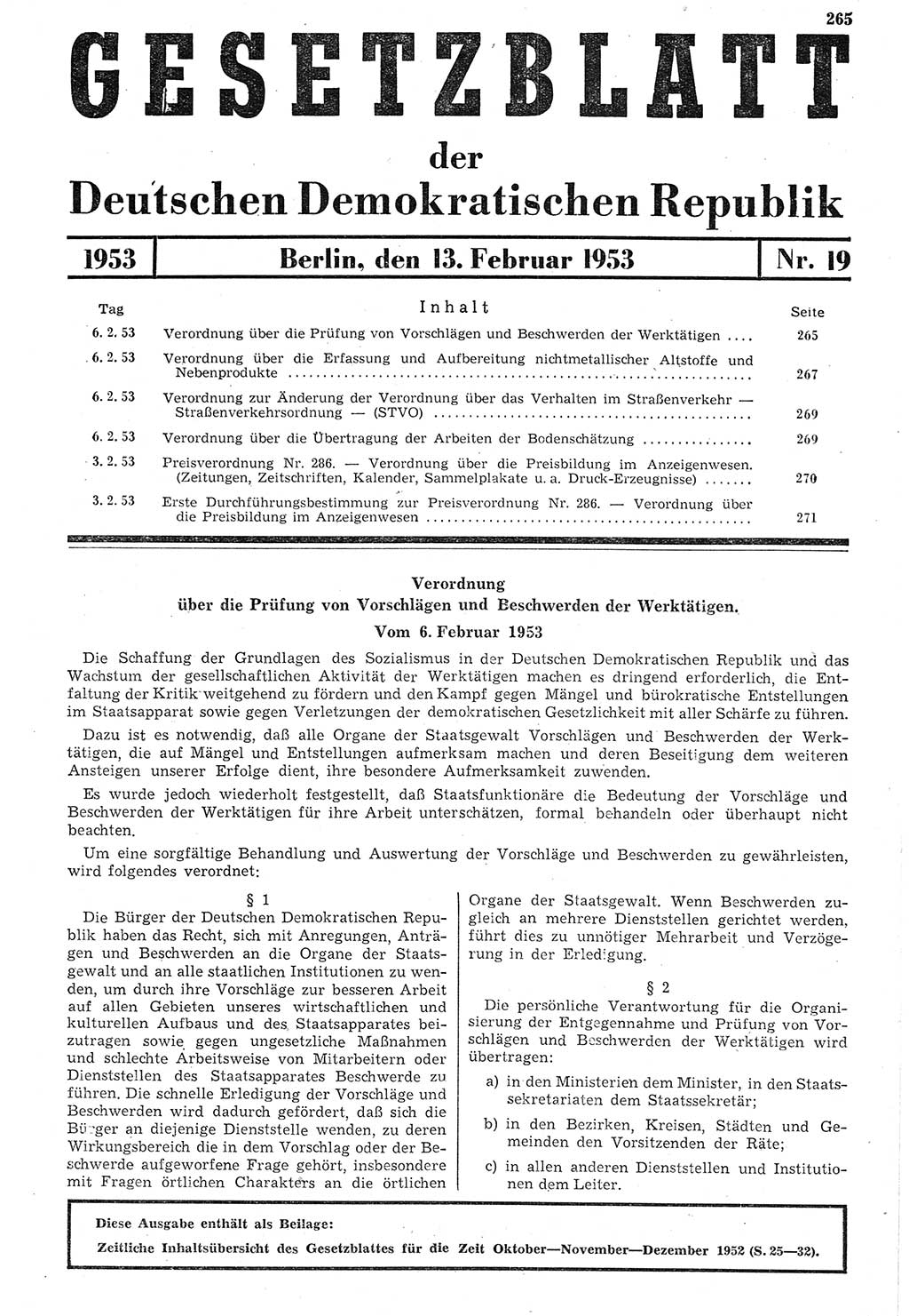 Gesetzblatt (GBl.) der Deutschen Demokratischen Republik (DDR) 1953, Seite 265 (GBl. DDR 1953, S. 265)