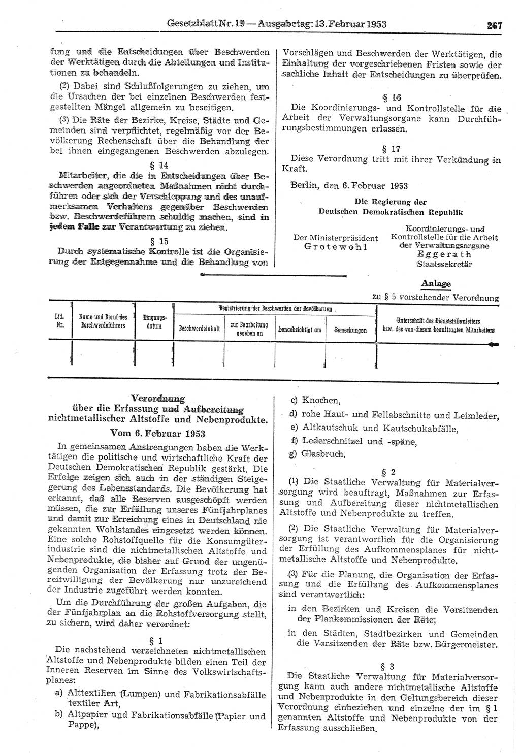 Gesetzblatt (GBl.) der Deutschen Demokratischen Republik (DDR) 1953, Seite 267 (GBl. DDR 1953, S. 267)