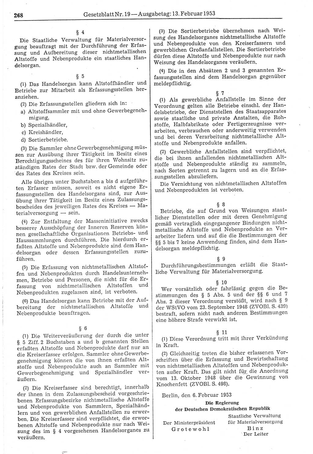 Gesetzblatt (GBl.) der Deutschen Demokratischen Republik (DDR) 1953, Seite 268 (GBl. DDR 1953, S. 268)