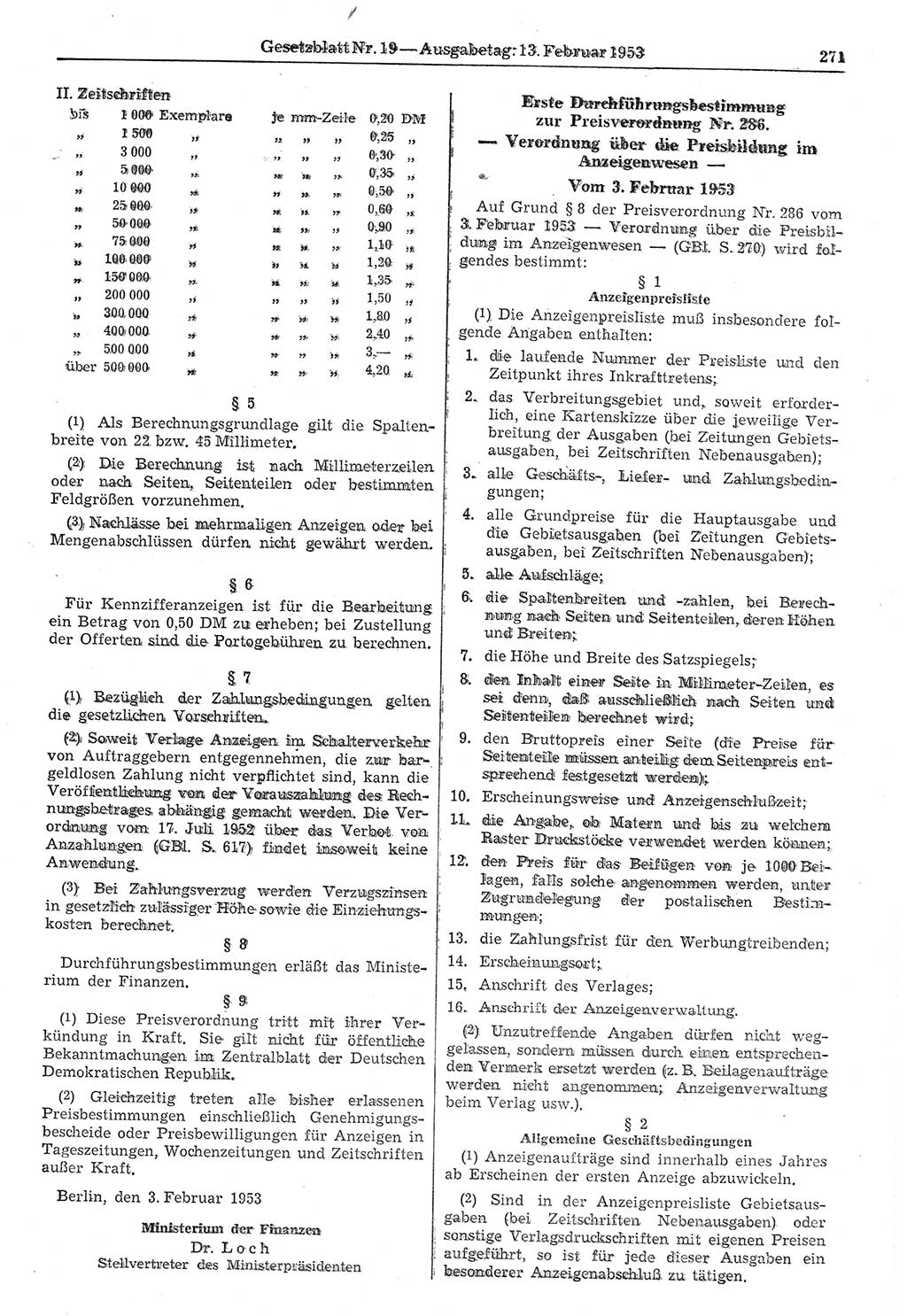 Gesetzblatt (GBl.) der Deutschen Demokratischen Republik (DDR) 1953, Seite 271 (GBl. DDR 1953, S. 271)