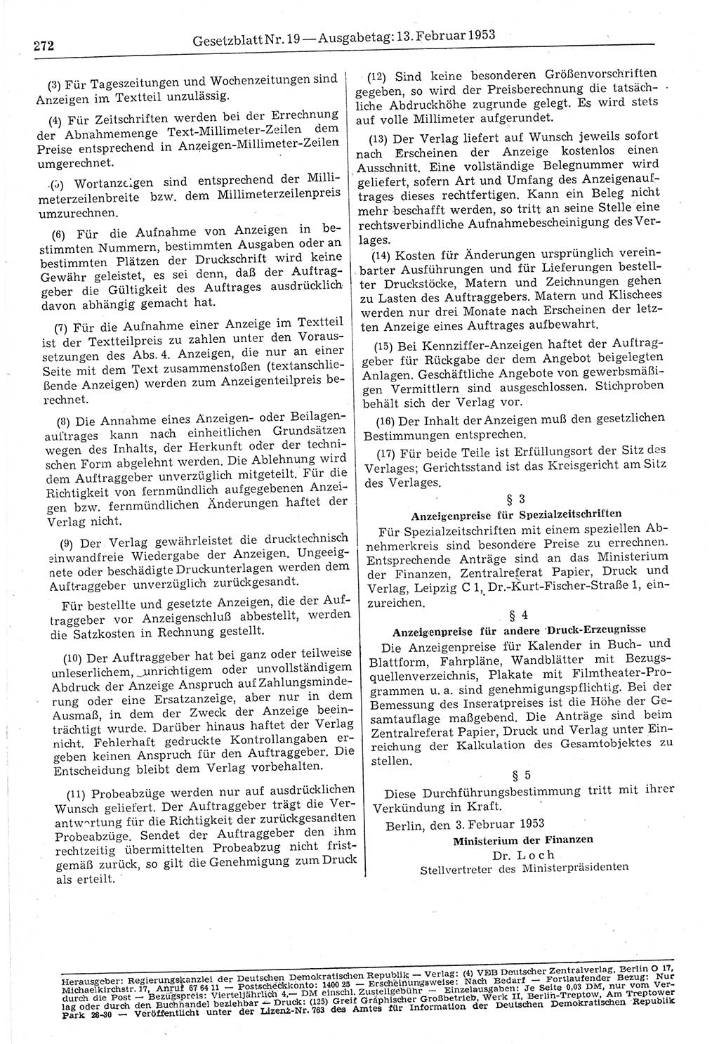 Gesetzblatt (GBl.) der Deutschen Demokratischen Republik (DDR) 1953, Seite 272 (GBl. DDR 1953, S. 272)