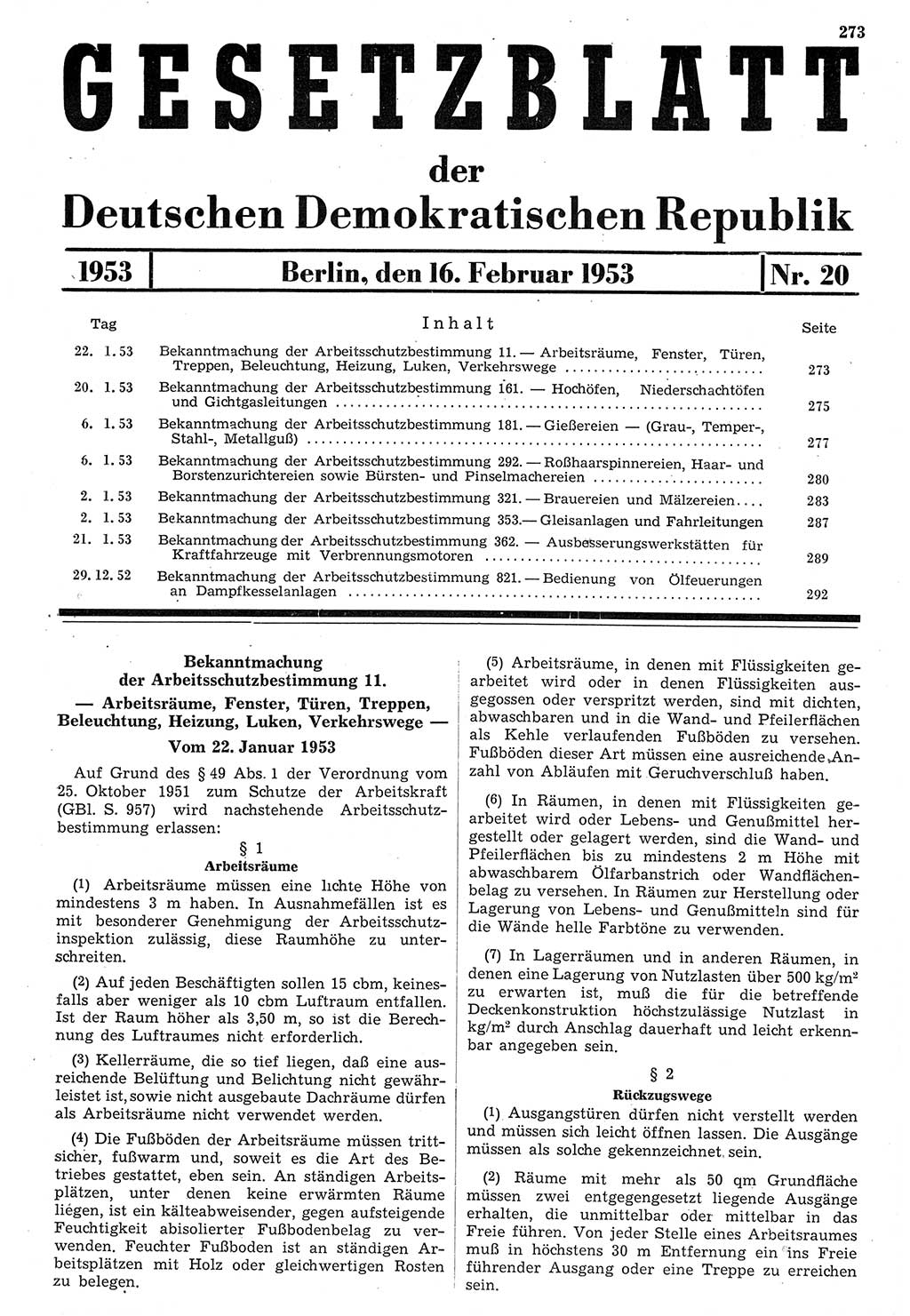 Gesetzblatt (GBl.) der Deutschen Demokratischen Republik (DDR) 1953, Seite 273 (GBl. DDR 1953, S. 273)