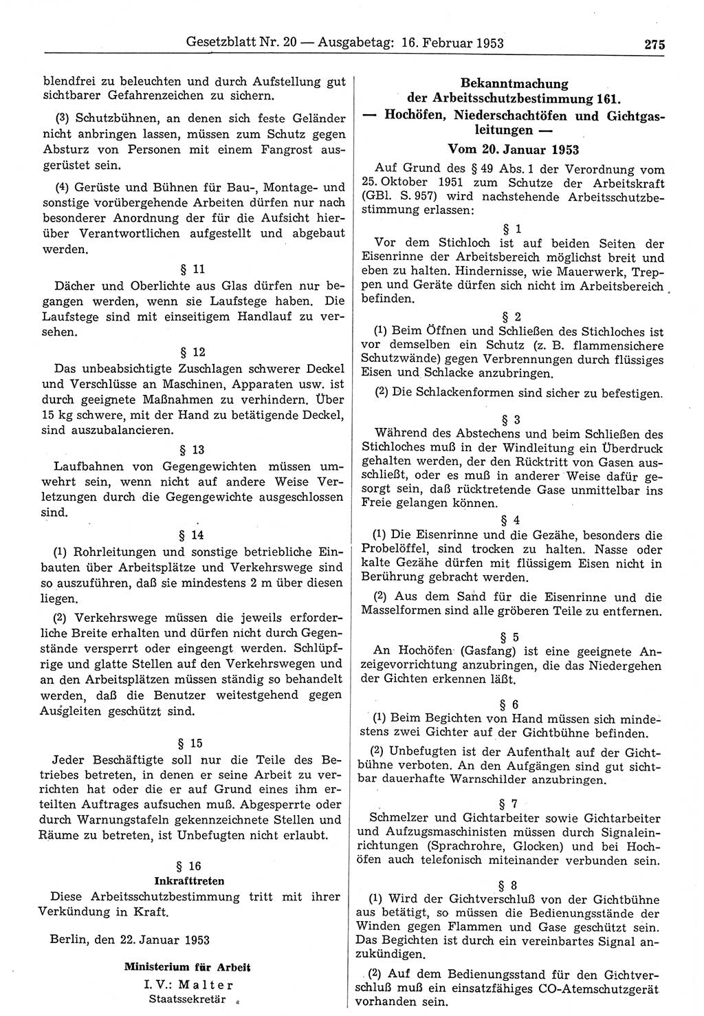 Gesetzblatt (GBl.) der Deutschen Demokratischen Republik (DDR) 1953, Seite 275 (GBl. DDR 1953, S. 275)