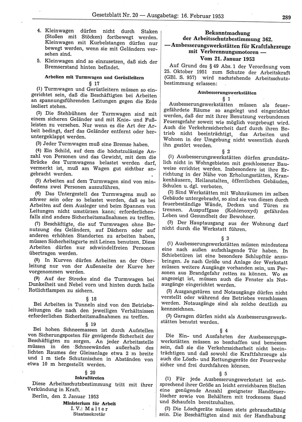 Gesetzblatt (GBl.) der Deutschen Demokratischen Republik (DDR) 1953, Seite 289 (GBl. DDR 1953, S. 289)