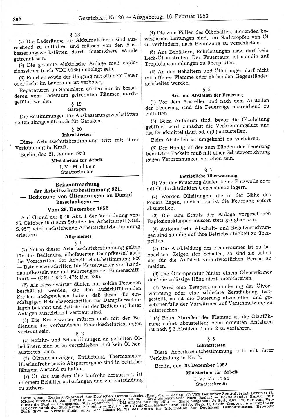 Gesetzblatt (GBl.) der Deutschen Demokratischen Republik (DDR) 1953, Seite 292 (GBl. DDR 1953, S. 292)