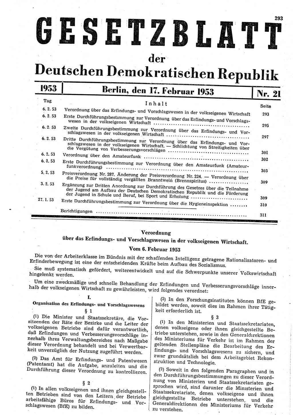 Gesetzblatt (GBl.) der Deutschen Demokratischen Republik (DDR) 1953, Seite 293 (GBl. DDR 1953, S. 293)
