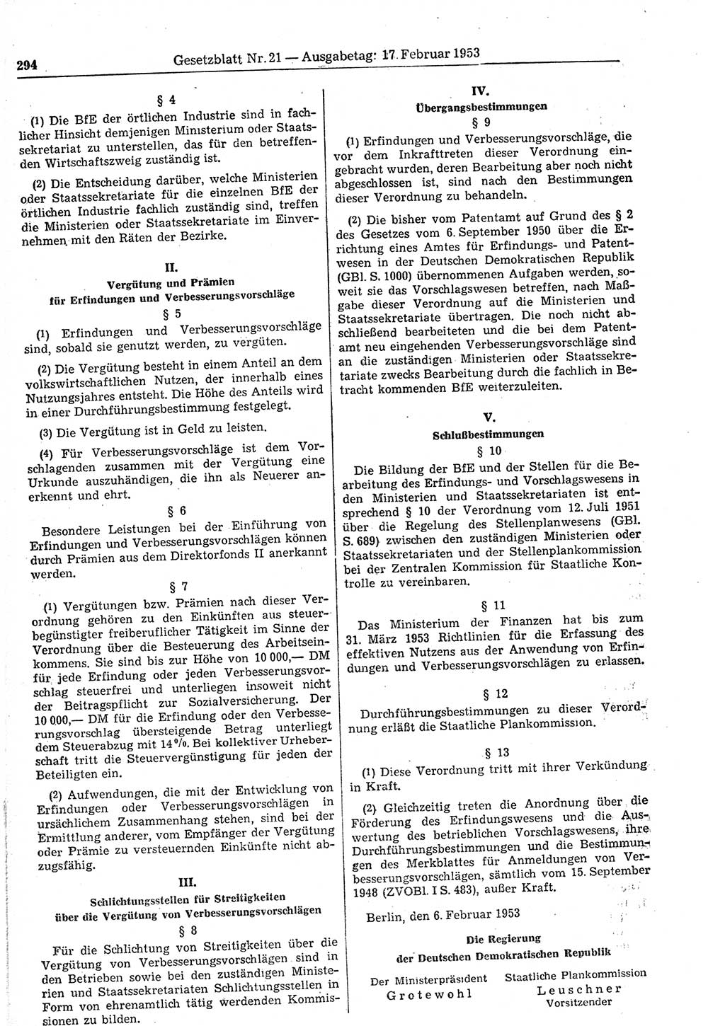 Gesetzblatt (GBl.) der Deutschen Demokratischen Republik (DDR) 1953, Seite 294 (GBl. DDR 1953, S. 294)