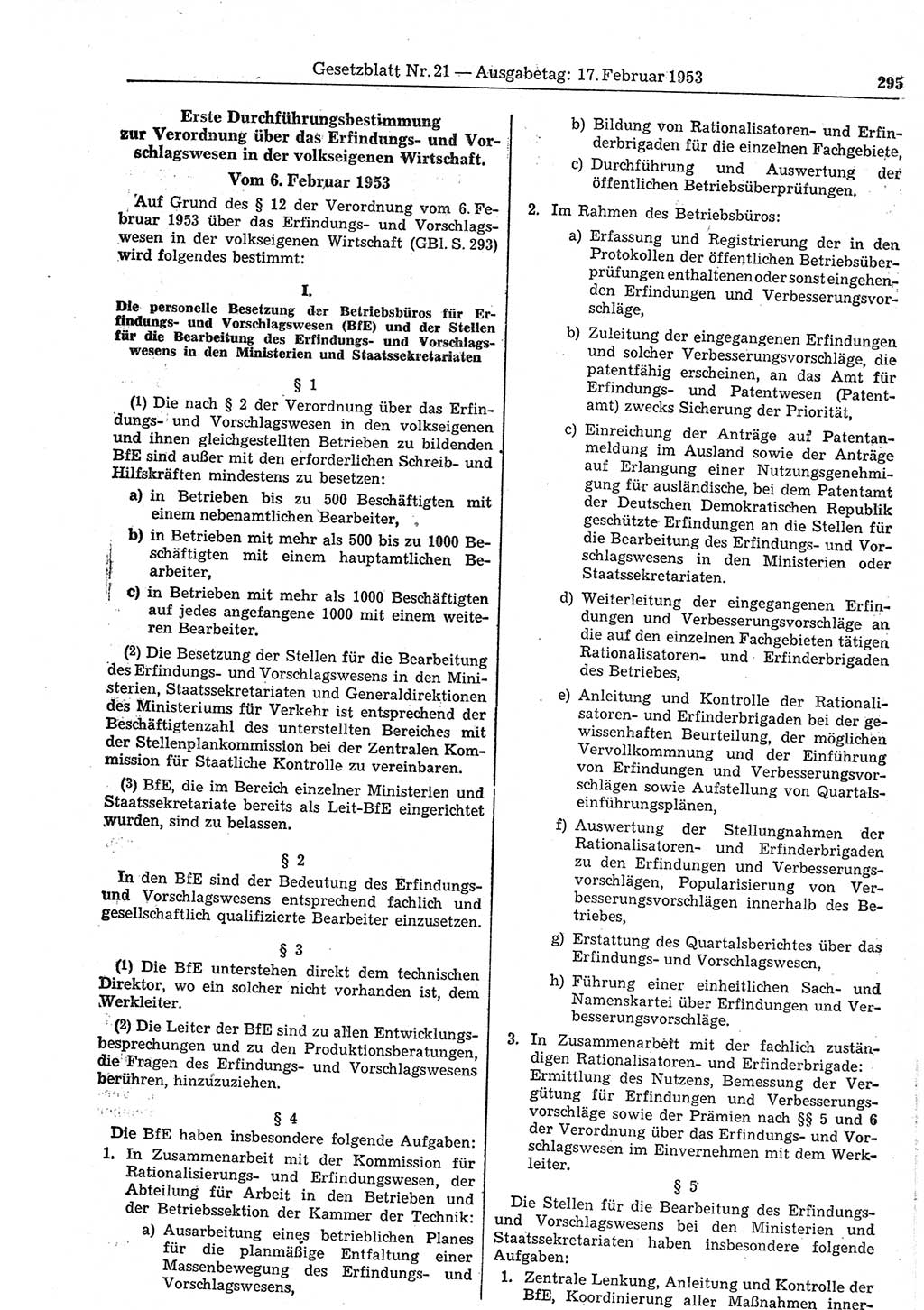 Gesetzblatt (GBl.) der Deutschen Demokratischen Republik (DDR) 1953, Seite 295 (GBl. DDR 1953, S. 295)