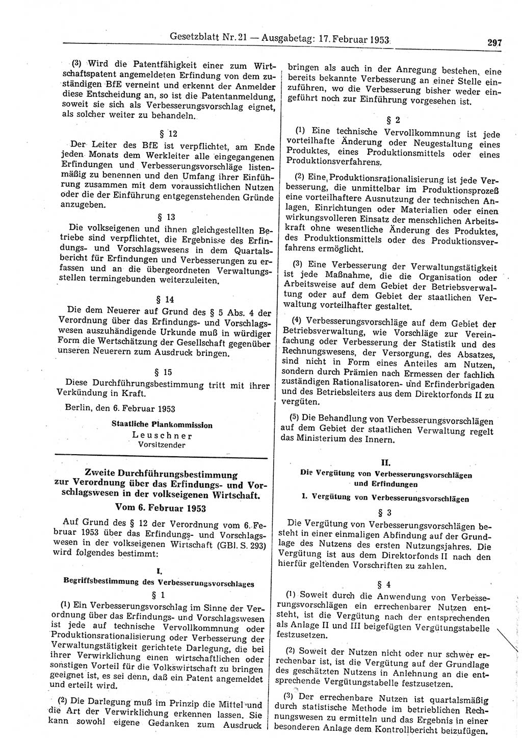 Gesetzblatt (GBl.) der Deutschen Demokratischen Republik (DDR) 1953, Seite 297 (GBl. DDR 1953, S. 297)