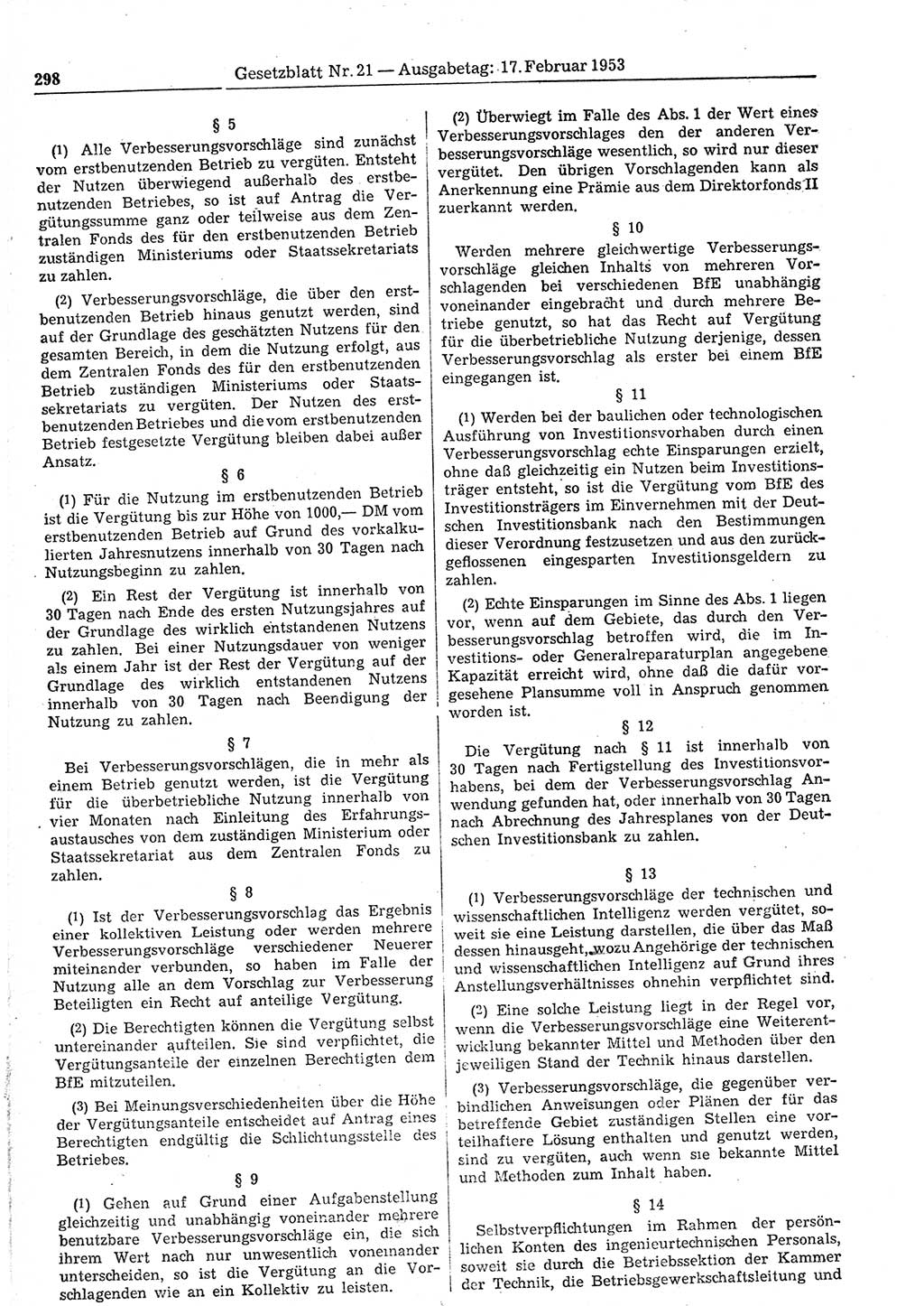 Gesetzblatt (GBl.) der Deutschen Demokratischen Republik (DDR) 1953, Seite 298 (GBl. DDR 1953, S. 298)