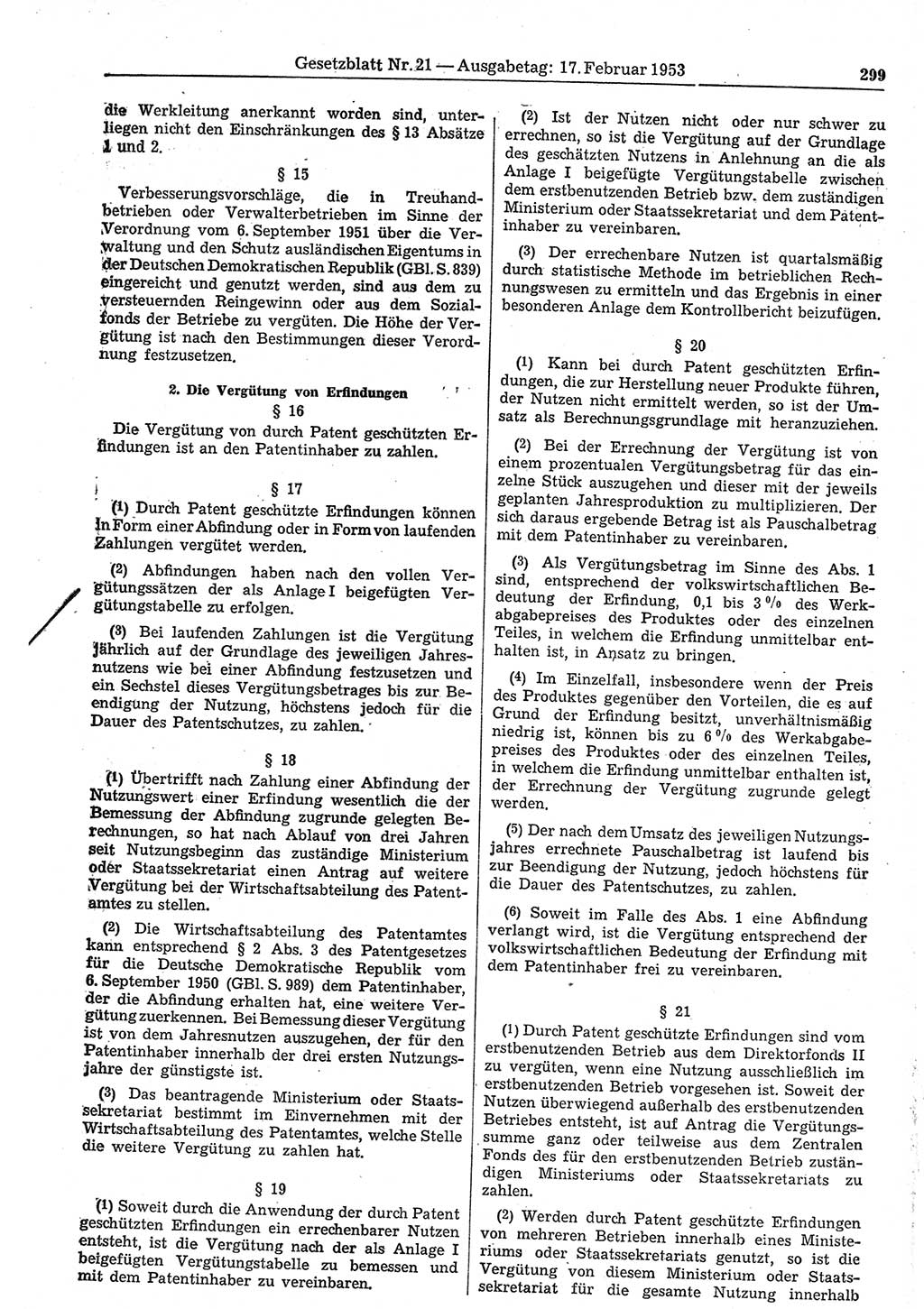 Gesetzblatt (GBl.) der Deutschen Demokratischen Republik (DDR) 1953, Seite 299 (GBl. DDR 1953, S. 299)