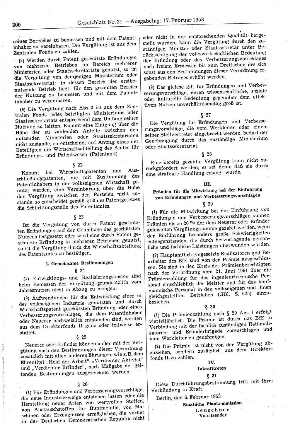 Gesetzblatt (GBl.) der Deutschen Demokratischen Republik (DDR) 1953, Seite 300 (GBl. DDR 1953, S. 300)