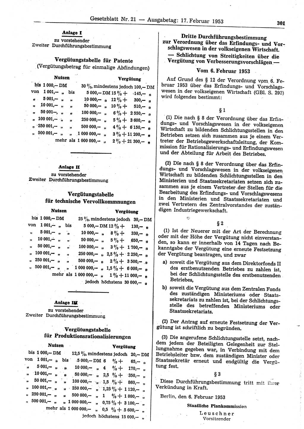 Gesetzblatt (GBl.) der Deutschen Demokratischen Republik (DDR) 1953, Seite 301 (GBl. DDR 1953, S. 301)