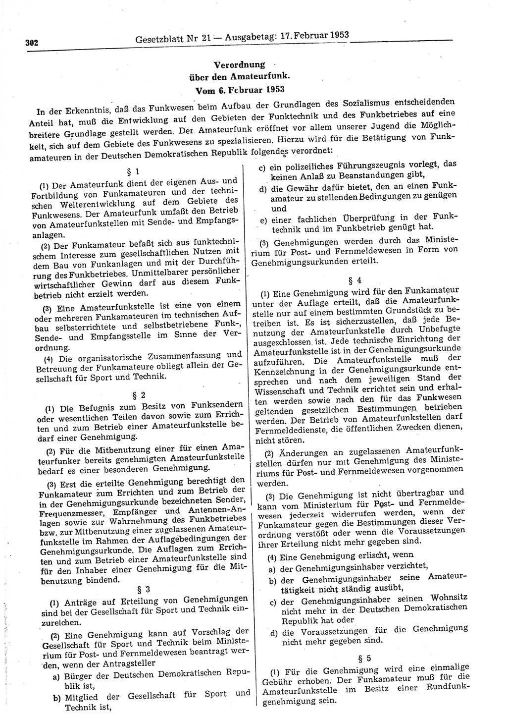 Gesetzblatt (GBl.) der Deutschen Demokratischen Republik (DDR) 1953, Seite 302 (GBl. DDR 1953, S. 302)