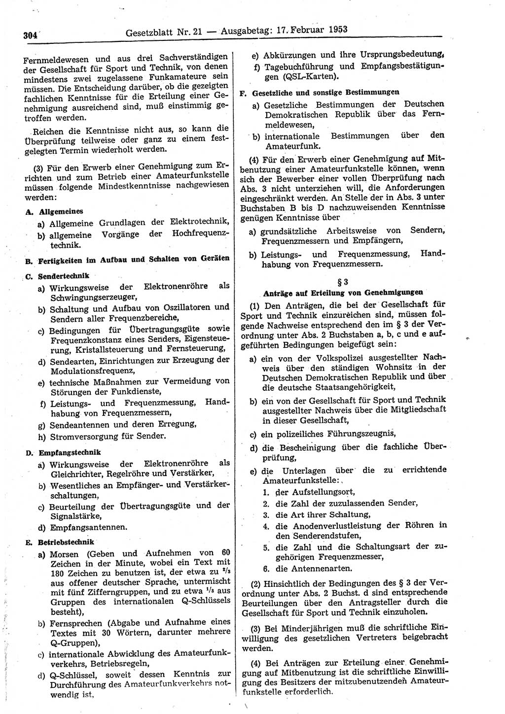 Gesetzblatt (GBl.) der Deutschen Demokratischen Republik (DDR) 1953, Seite 304 (GBl. DDR 1953, S. 304)