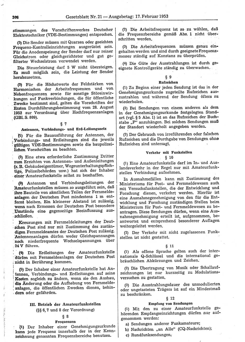 Gesetzblatt (GBl.) der Deutschen Demokratischen Republik (DDR) 1953, Seite 306 (GBl. DDR 1953, S. 306)