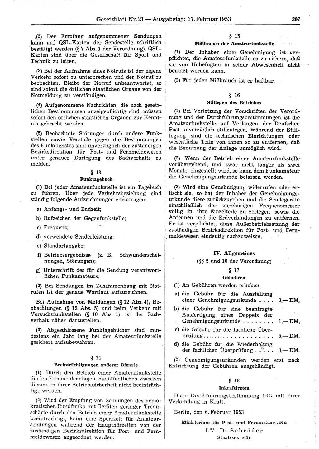 Gesetzblatt (GBl.) der Deutschen Demokratischen Republik (DDR) 1953, Seite 307 (GBl. DDR 1953, S. 307)
