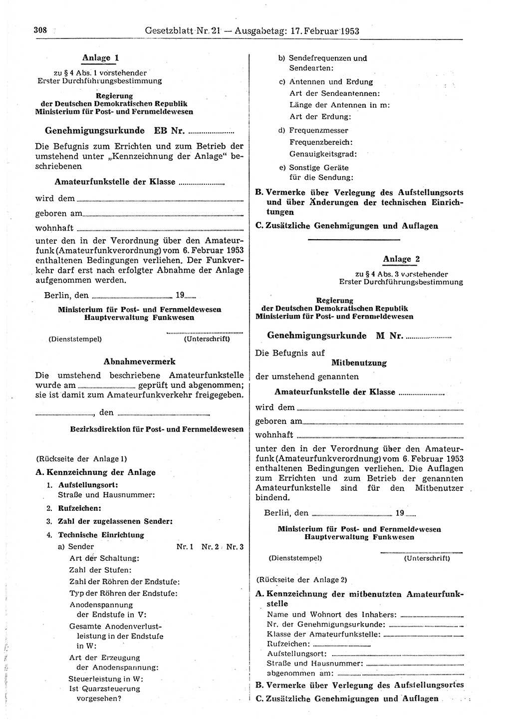 Gesetzblatt (GBl.) der Deutschen Demokratischen Republik (DDR) 1953, Seite 308 (GBl. DDR 1953, S. 308)