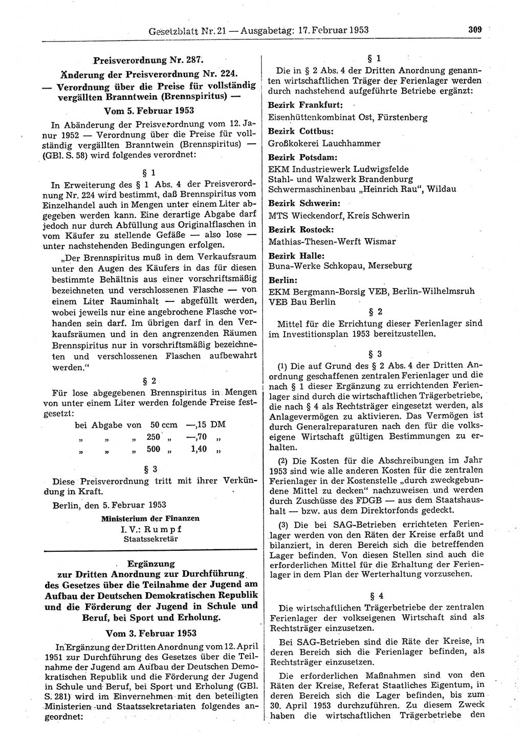 Gesetzblatt (GBl.) der Deutschen Demokratischen Republik (DDR) 1953, Seite 309 (GBl. DDR 1953, S. 309)