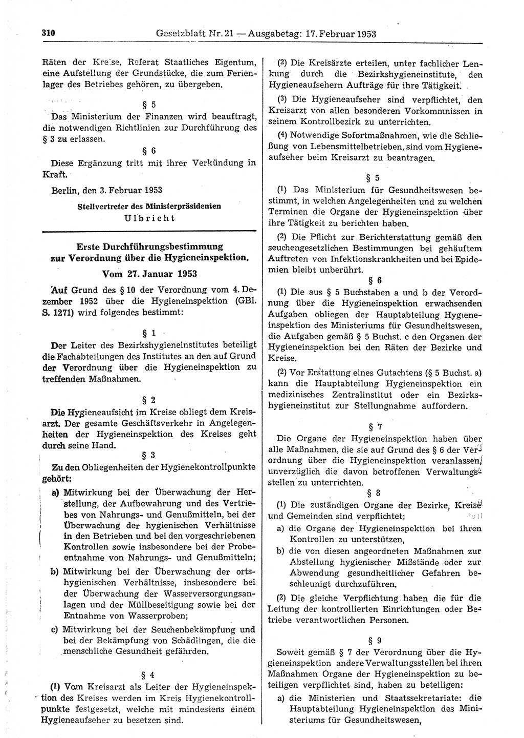 Gesetzblatt (GBl.) der Deutschen Demokratischen Republik (DDR) 1953, Seite 310 (GBl. DDR 1953, S. 310)