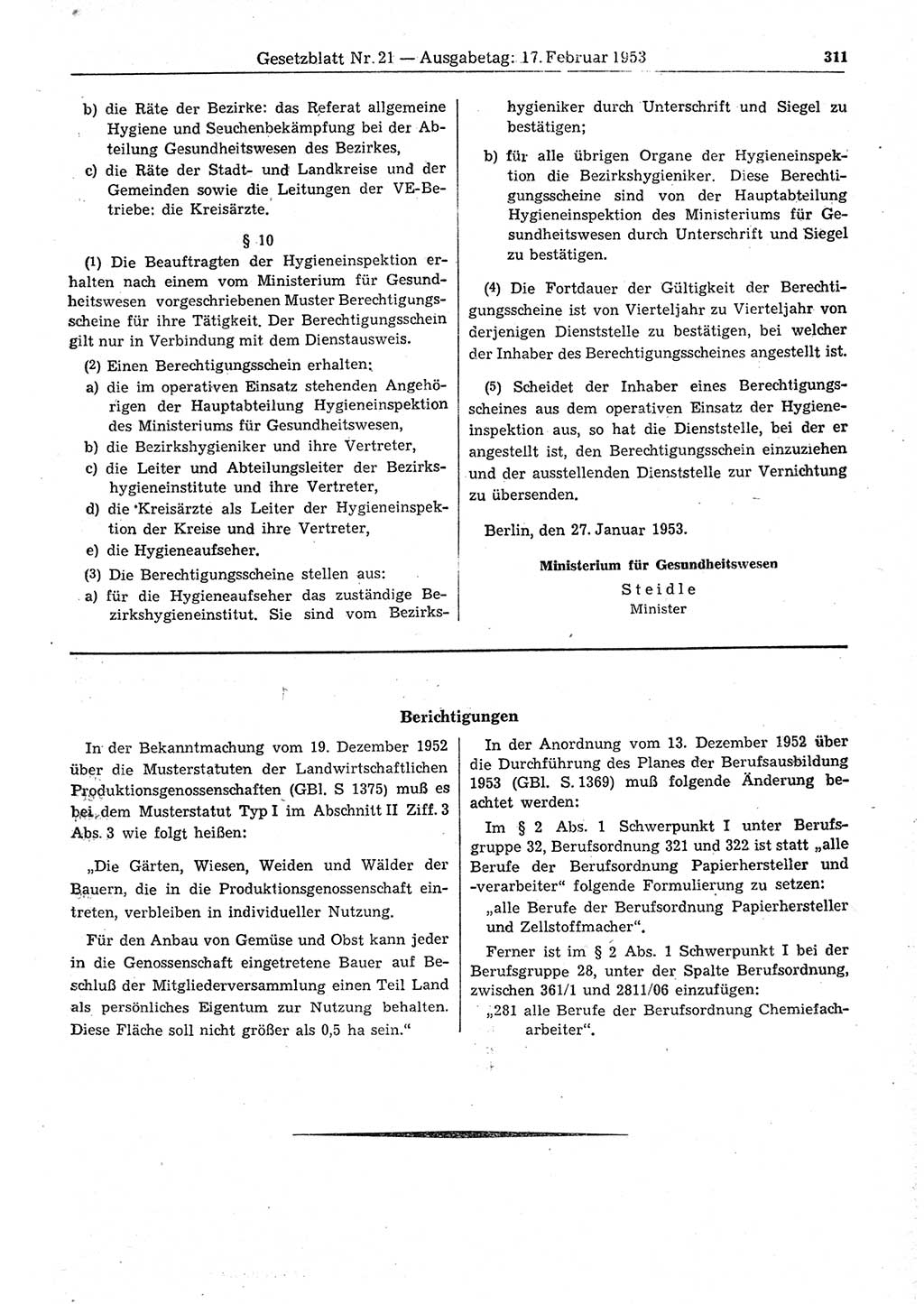 Gesetzblatt (GBl.) der Deutschen Demokratischen Republik (DDR) 1953, Seite 311 (GBl. DDR 1953, S. 311)