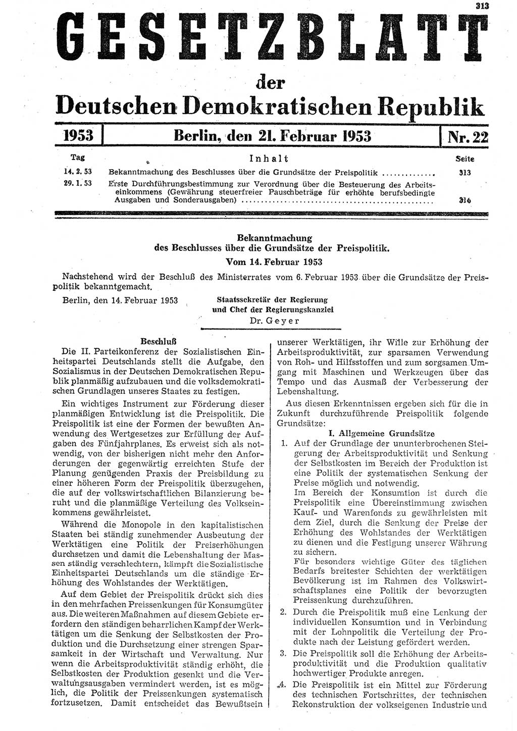 Gesetzblatt (GBl.) der Deutschen Demokratischen Republik (DDR) 1953, Seite 313 (GBl. DDR 1953, S. 313)