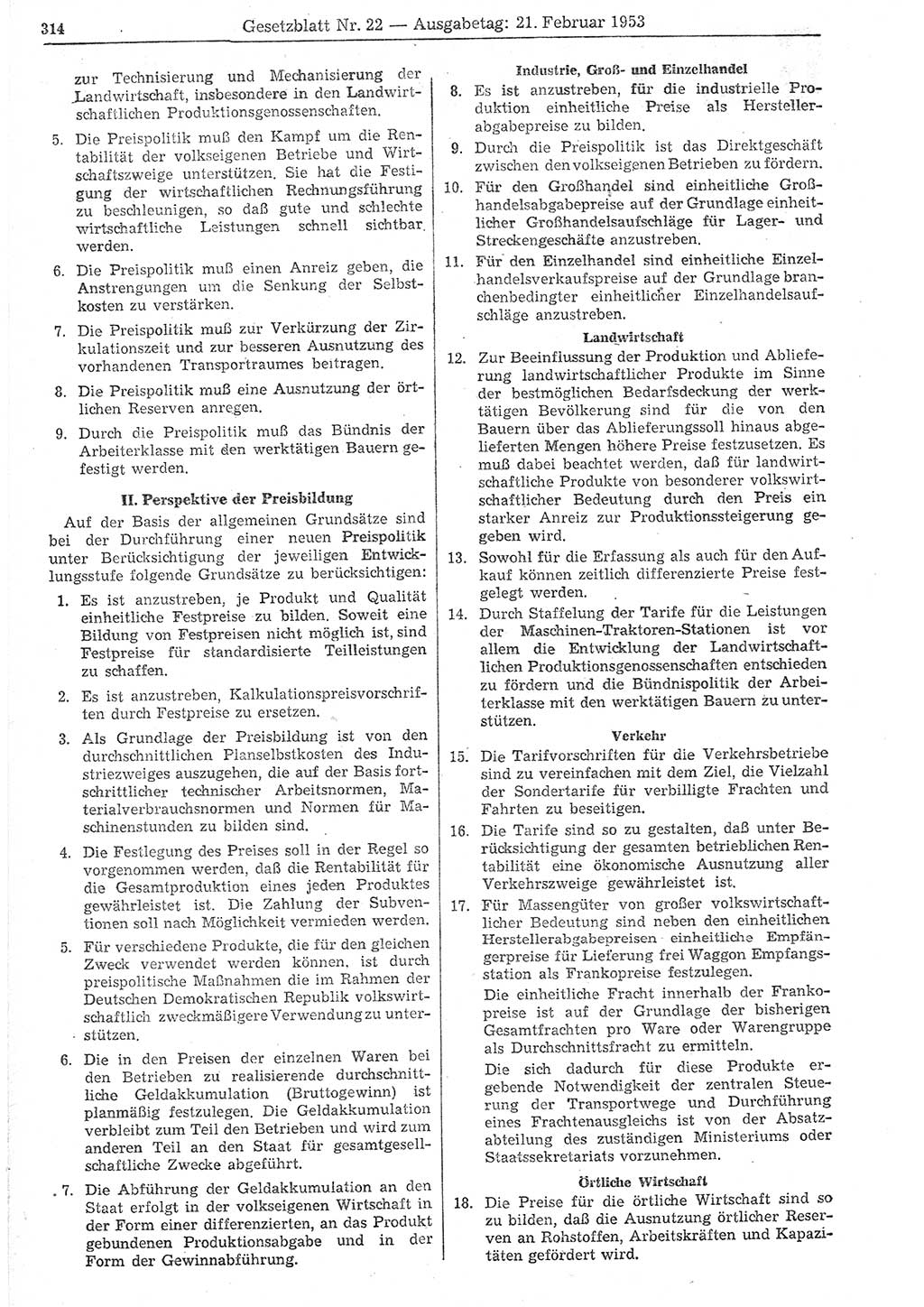 Gesetzblatt (GBl.) der Deutschen Demokratischen Republik (DDR) 1953, Seite 314 (GBl. DDR 1953, S. 314)