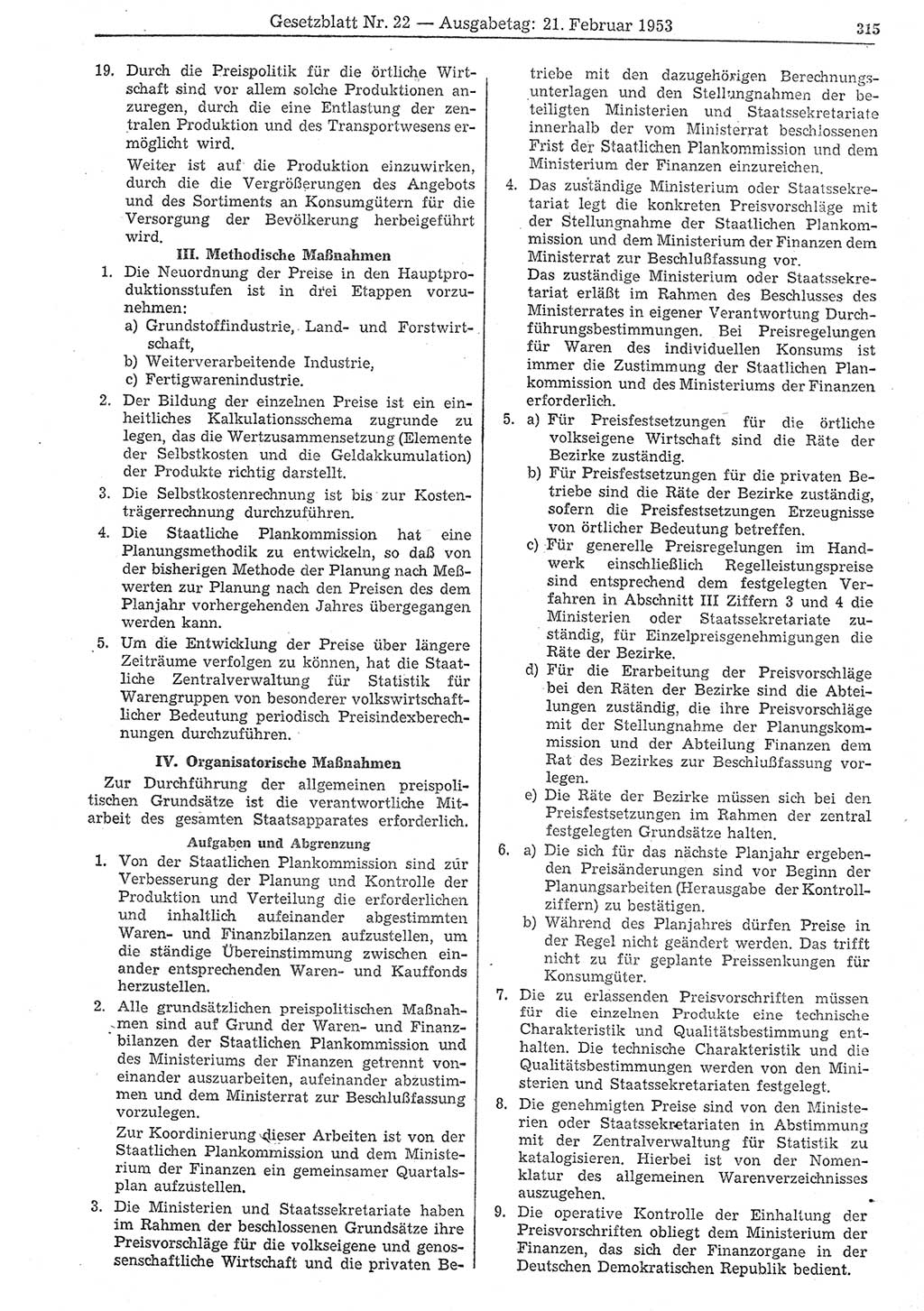 Gesetzblatt (GBl.) der Deutschen Demokratischen Republik (DDR) 1953, Seite 315 (GBl. DDR 1953, S. 315)