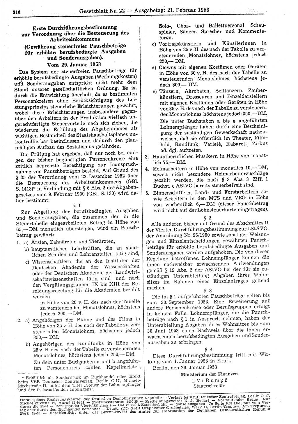Gesetzblatt (GBl.) der Deutschen Demokratischen Republik (DDR) 1953, Seite 316 (GBl. DDR 1953, S. 316)