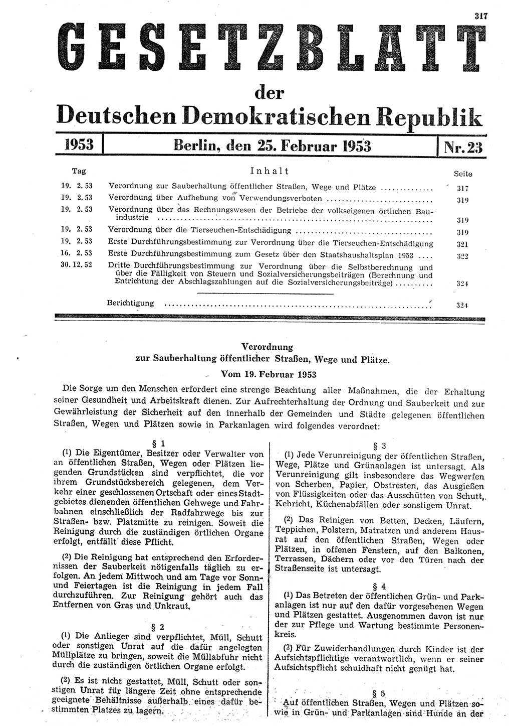 Gesetzblatt (GBl.) der Deutschen Demokratischen Republik (DDR) 1953, Seite 317 (GBl. DDR 1953, S. 317)