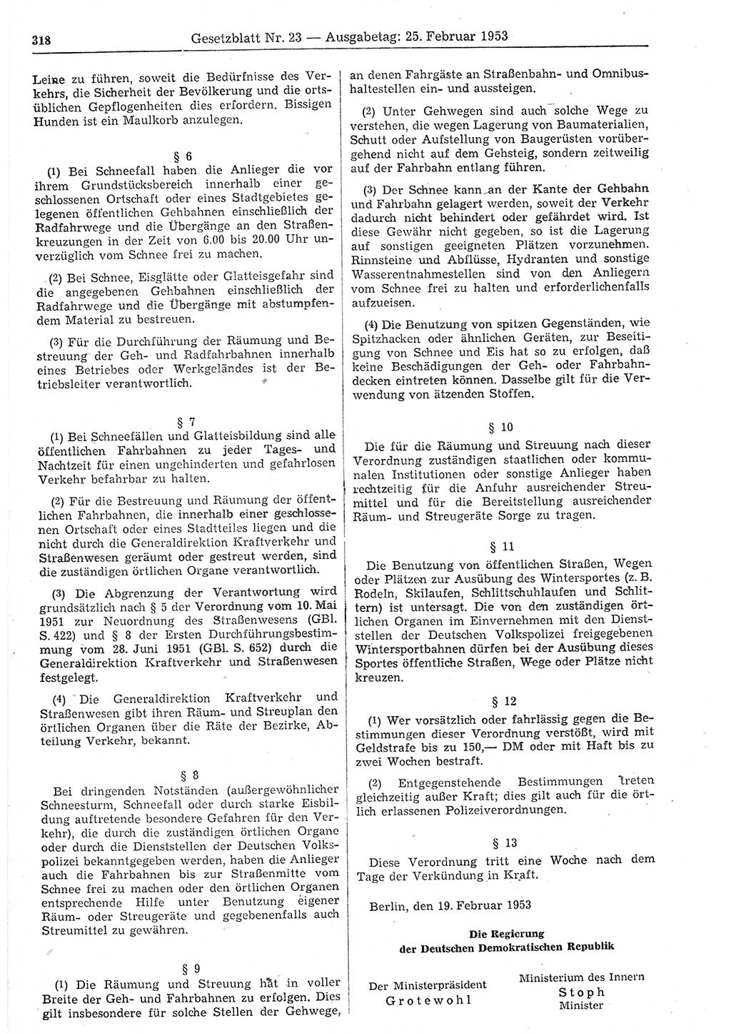 Gesetzblatt (GBl.) der Deutschen Demokratischen Republik (DDR) 1953, Seite 318 (GBl. DDR 1953, S. 318)