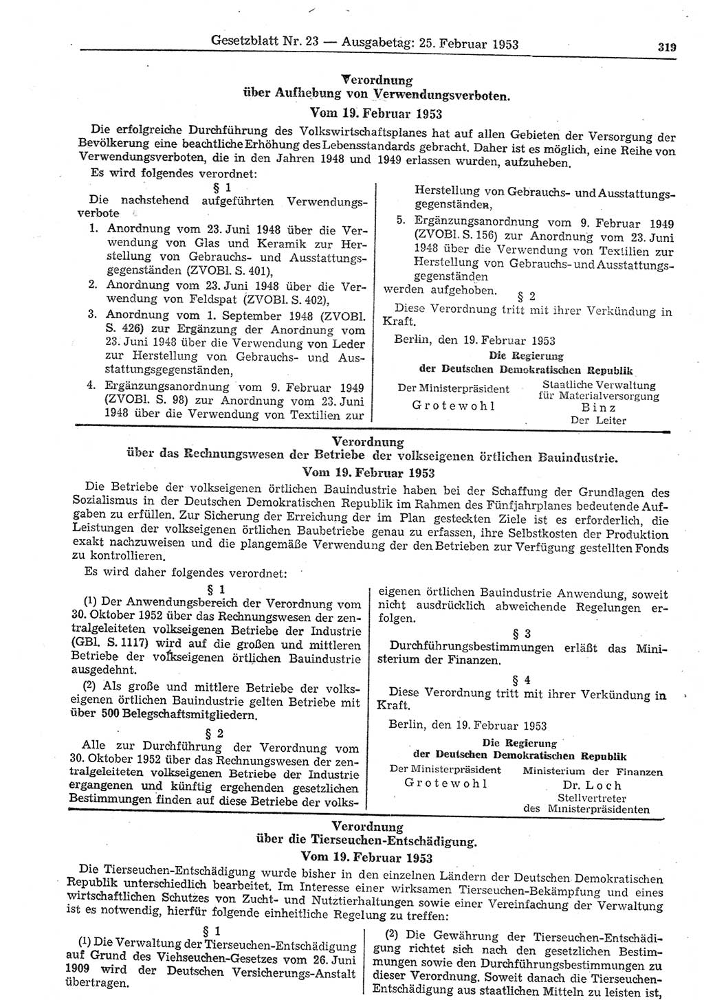 Gesetzblatt (GBl.) der Deutschen Demokratischen Republik (DDR) 1953, Seite 319 (GBl. DDR 1953, S. 319)