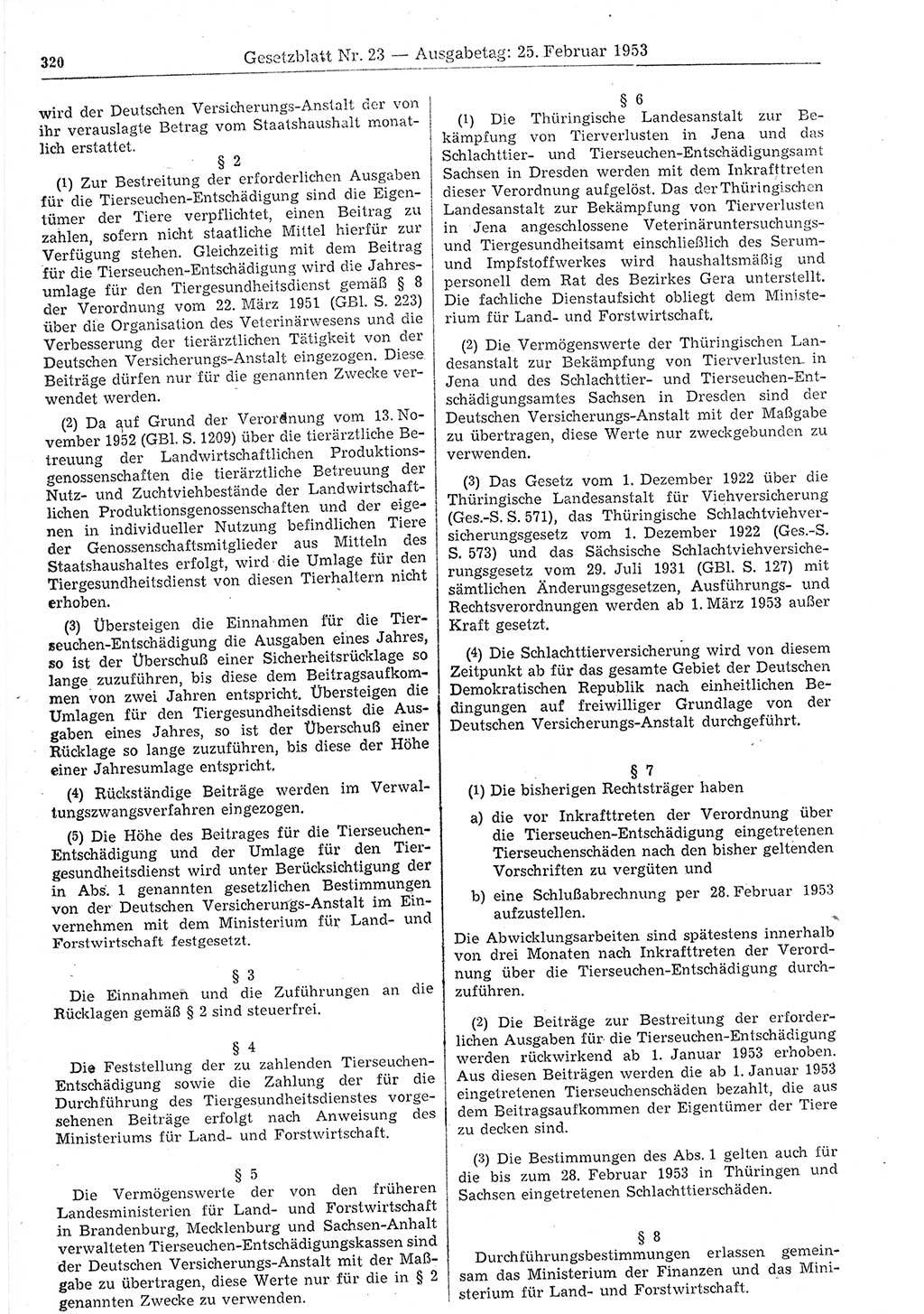 Gesetzblatt (GBl.) der Deutschen Demokratischen Republik (DDR) 1953, Seite 320 (GBl. DDR 1953, S. 320)