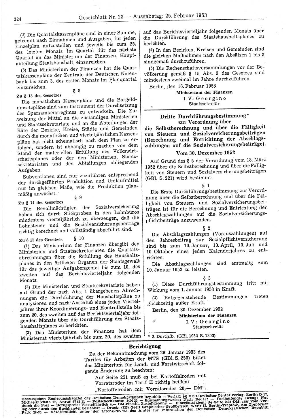 Gesetzblatt (GBl.) der Deutschen Demokratischen Republik (DDR) 1953, Seite 324 (GBl. DDR 1953, S. 324)