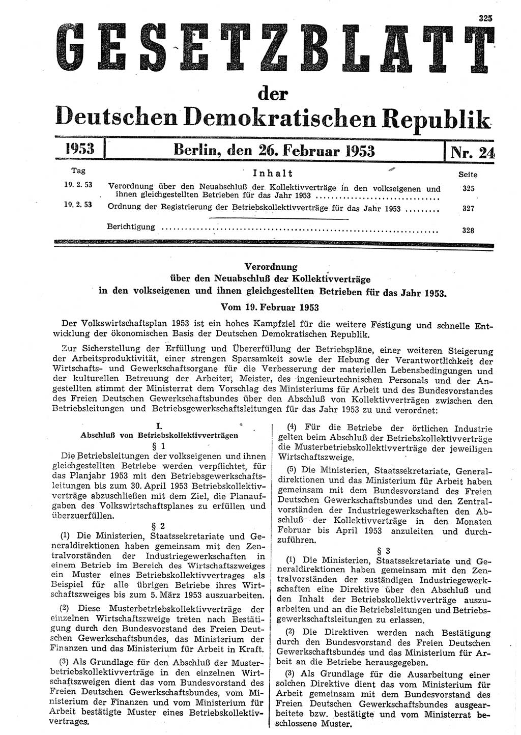 Gesetzblatt (GBl.) der Deutschen Demokratischen Republik (DDR) 1953, Seite 325 (GBl. DDR 1953, S. 325)