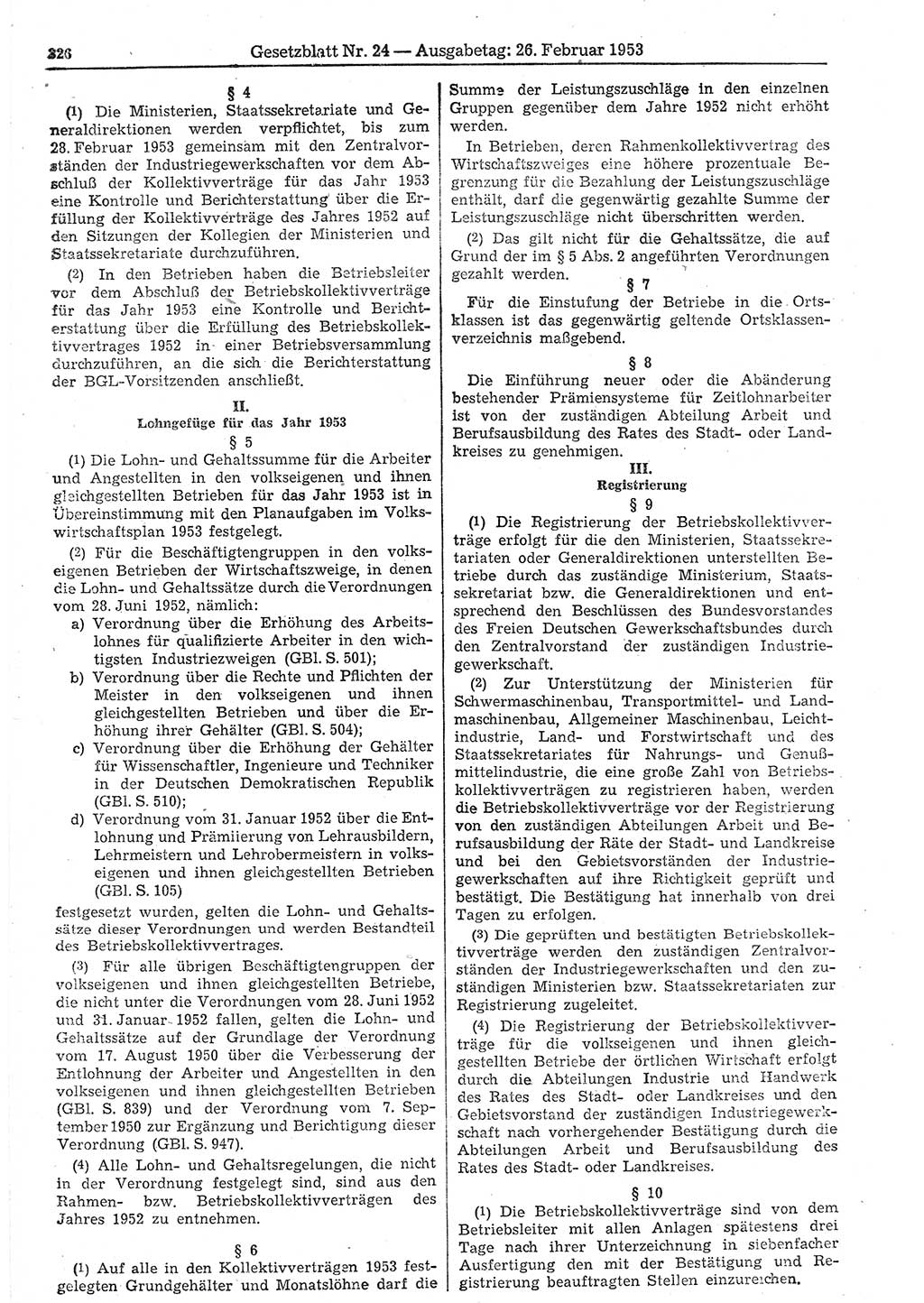 Gesetzblatt (GBl.) der Deutschen Demokratischen Republik (DDR) 1953, Seite 326 (GBl. DDR 1953, S. 326)