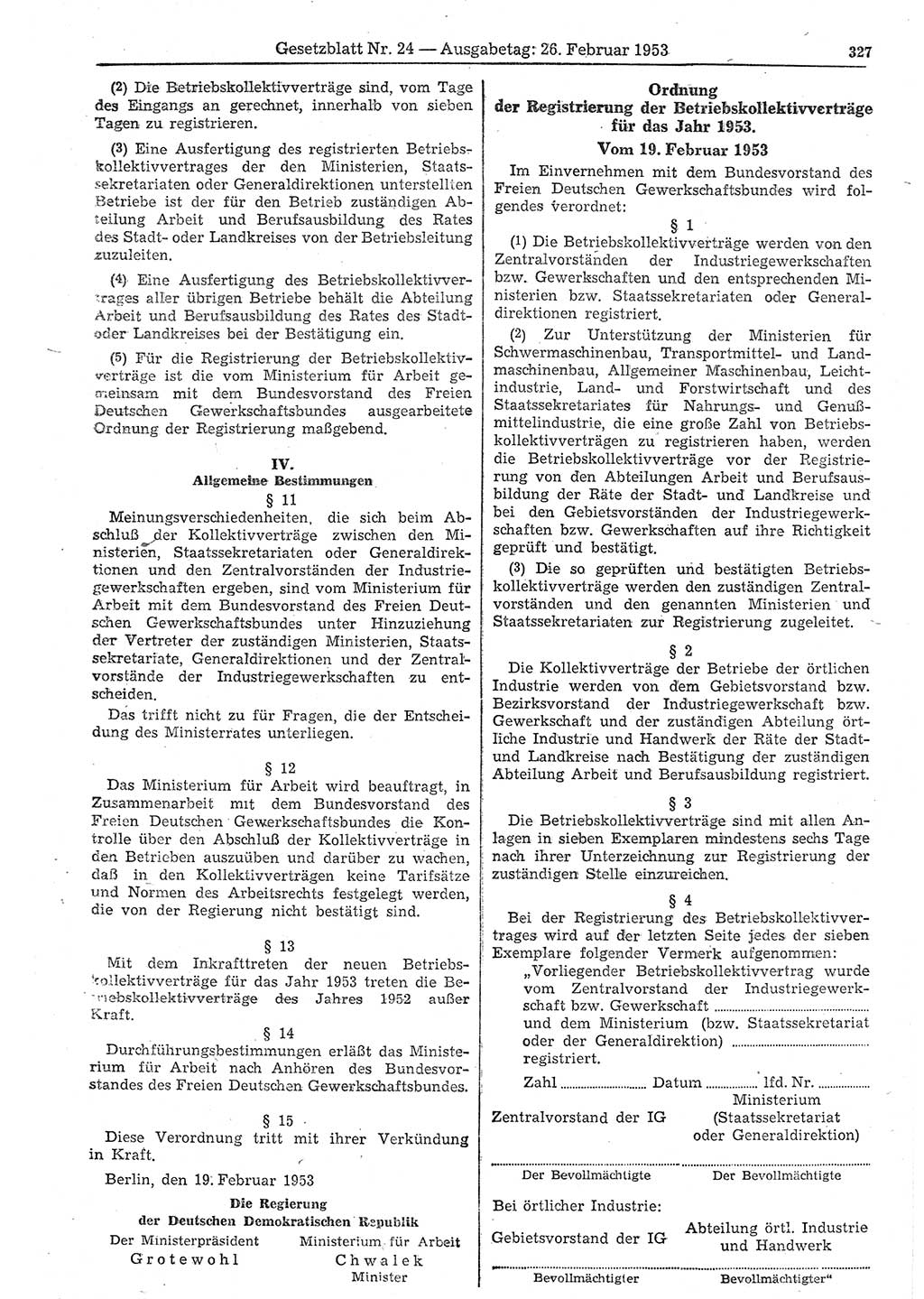 Gesetzblatt (GBl.) der Deutschen Demokratischen Republik (DDR) 1953, Seite 327 (GBl. DDR 1953, S. 327)