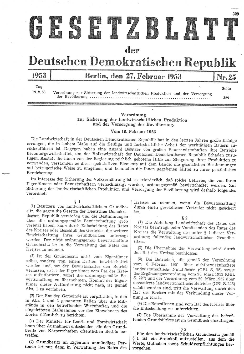 Gesetzblatt (GBl.) der Deutschen Demokratischen Republik (DDR) 1953, Seite 329 (GBl. DDR 1953, S. 329)