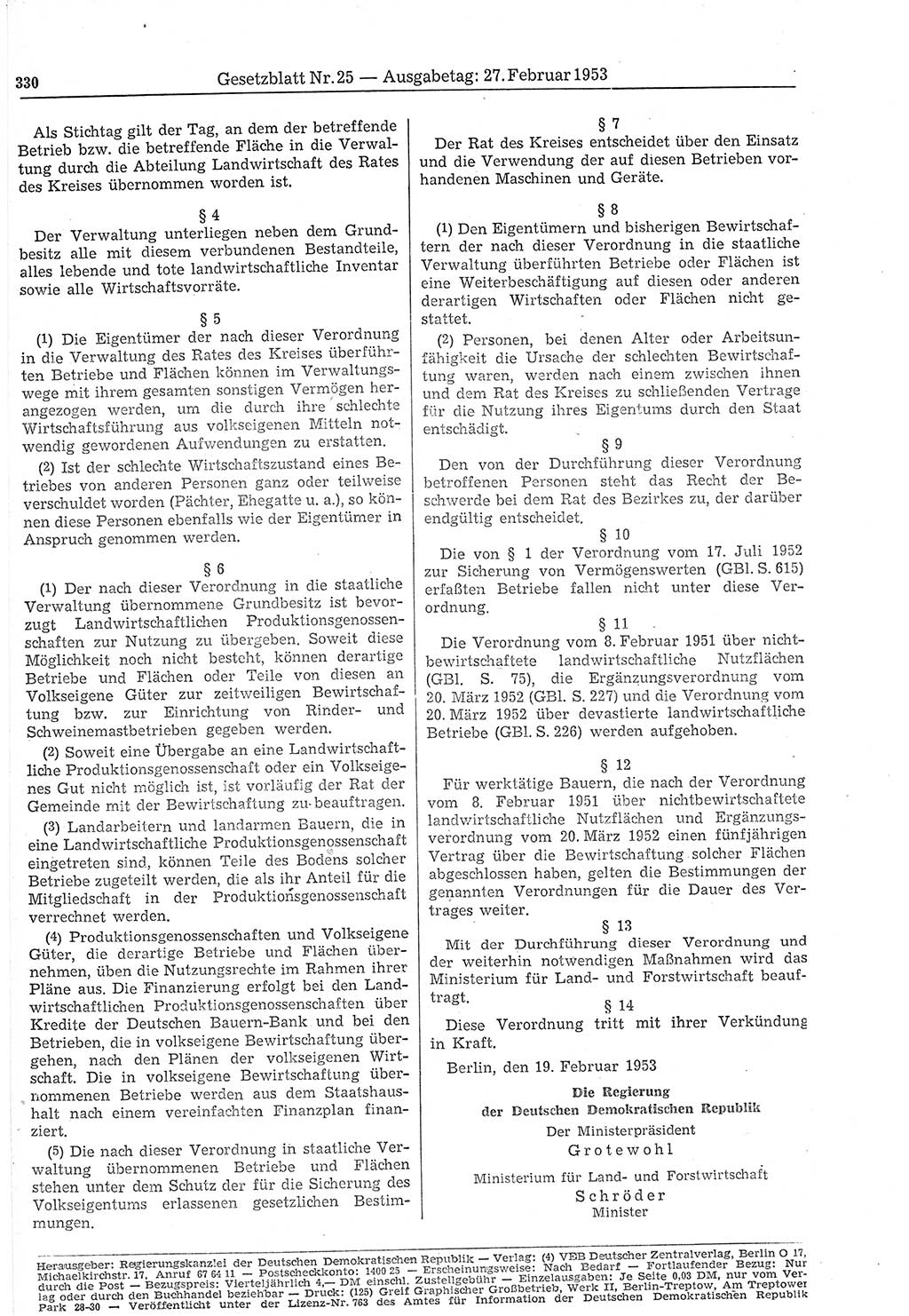 Gesetzblatt (GBl.) der Deutschen Demokratischen Republik (DDR) 1953, Seite 330 (GBl. DDR 1953, S. 330)