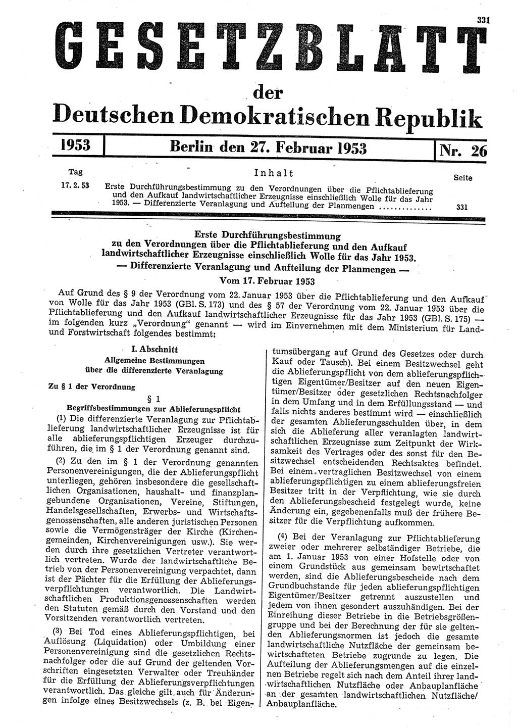 Gesetzblatt (GBl.) der Deutschen Demokratischen Republik (DDR) 1953, Seite 331 (GBl. DDR 1953, S. 331)
