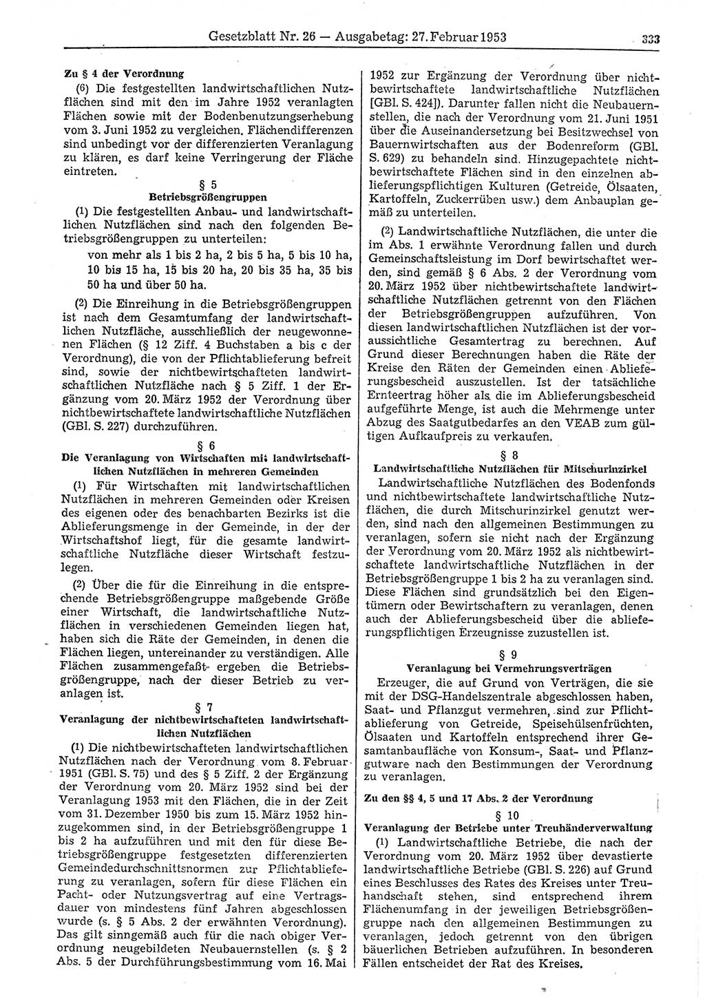 Gesetzblatt (GBl.) der Deutschen Demokratischen Republik (DDR) 1953, Seite 333 (GBl. DDR 1953, S. 333)