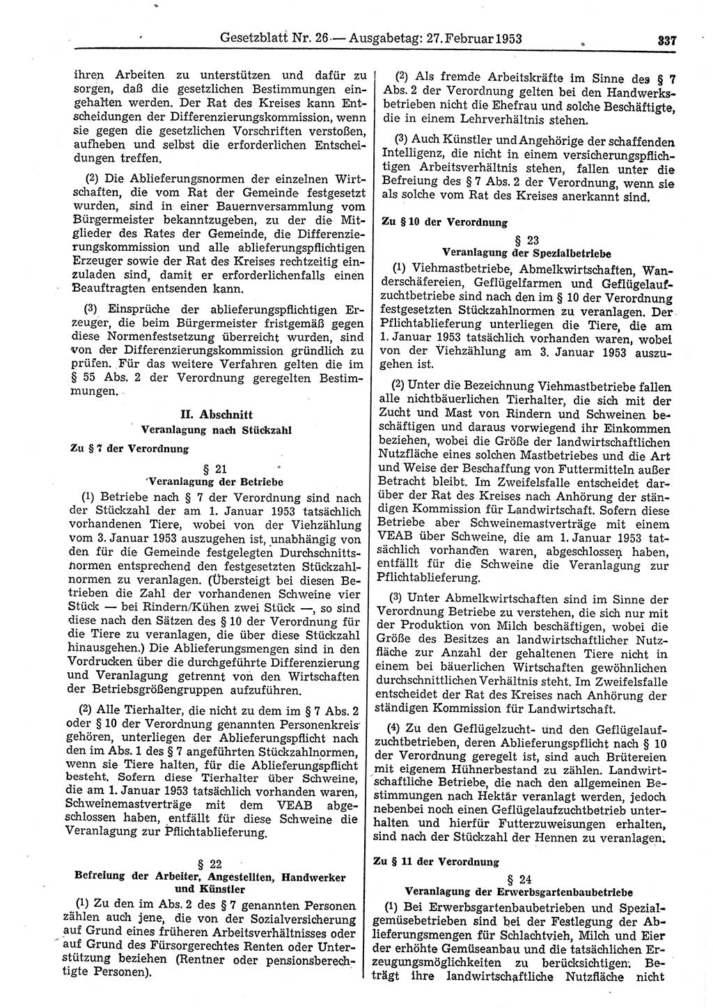 Gesetzblatt (GBl.) der Deutschen Demokratischen Republik (DDR) 1953, Seite 337 (GBl. DDR 1953, S. 337)