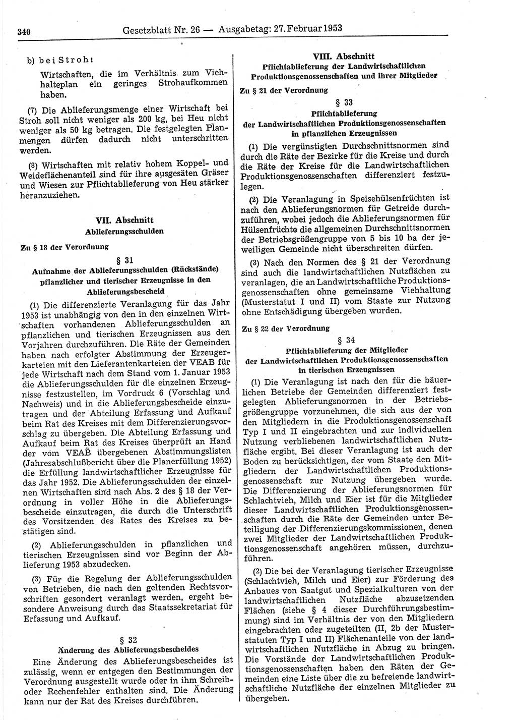 Gesetzblatt (GBl.) der Deutschen Demokratischen Republik (DDR) 1953, Seite 340 (GBl. DDR 1953, S. 340)