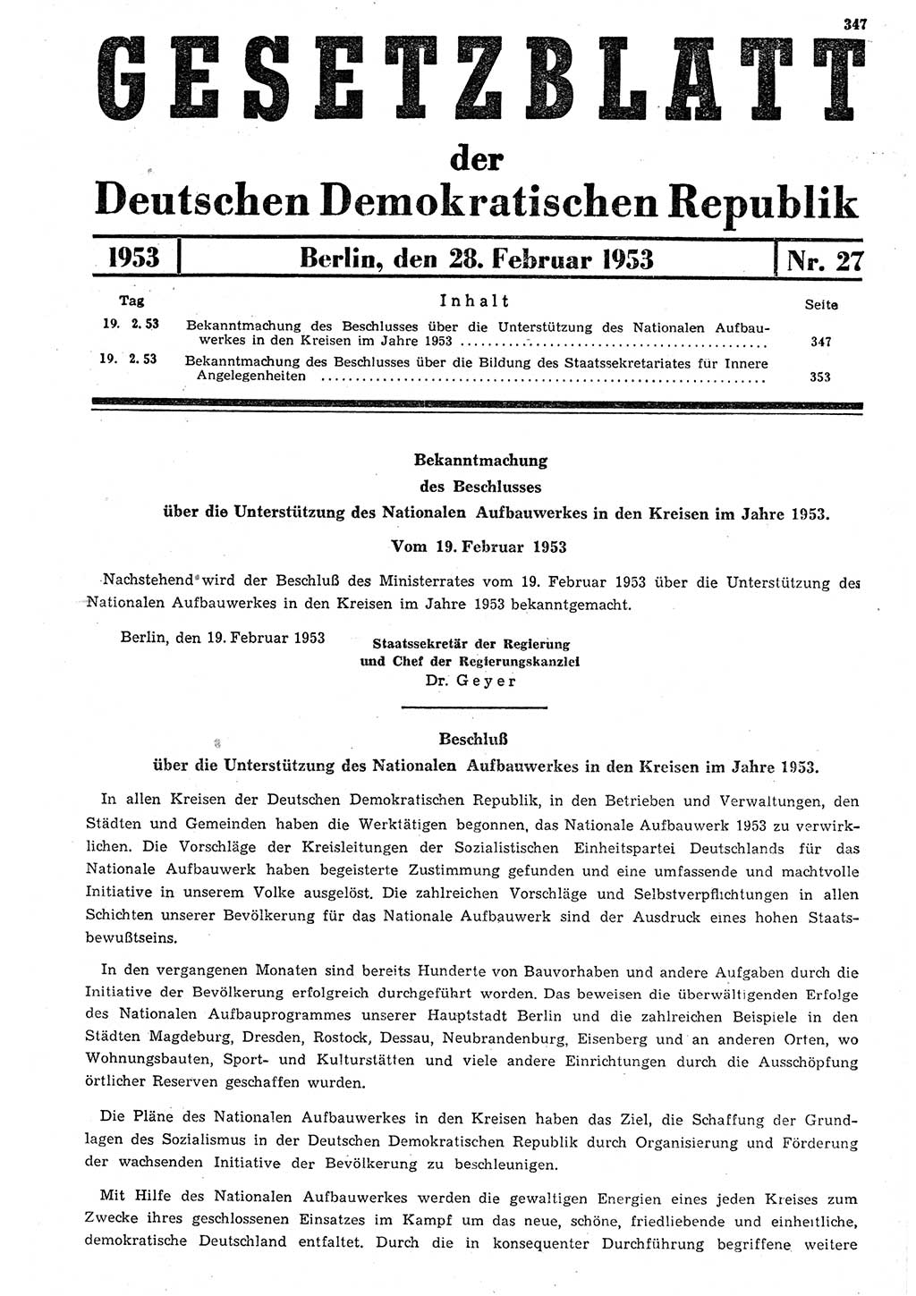 Gesetzblatt (GBl.) der Deutschen Demokratischen Republik (DDR) 1953, Seite 347 (GBl. DDR 1953, S. 347)