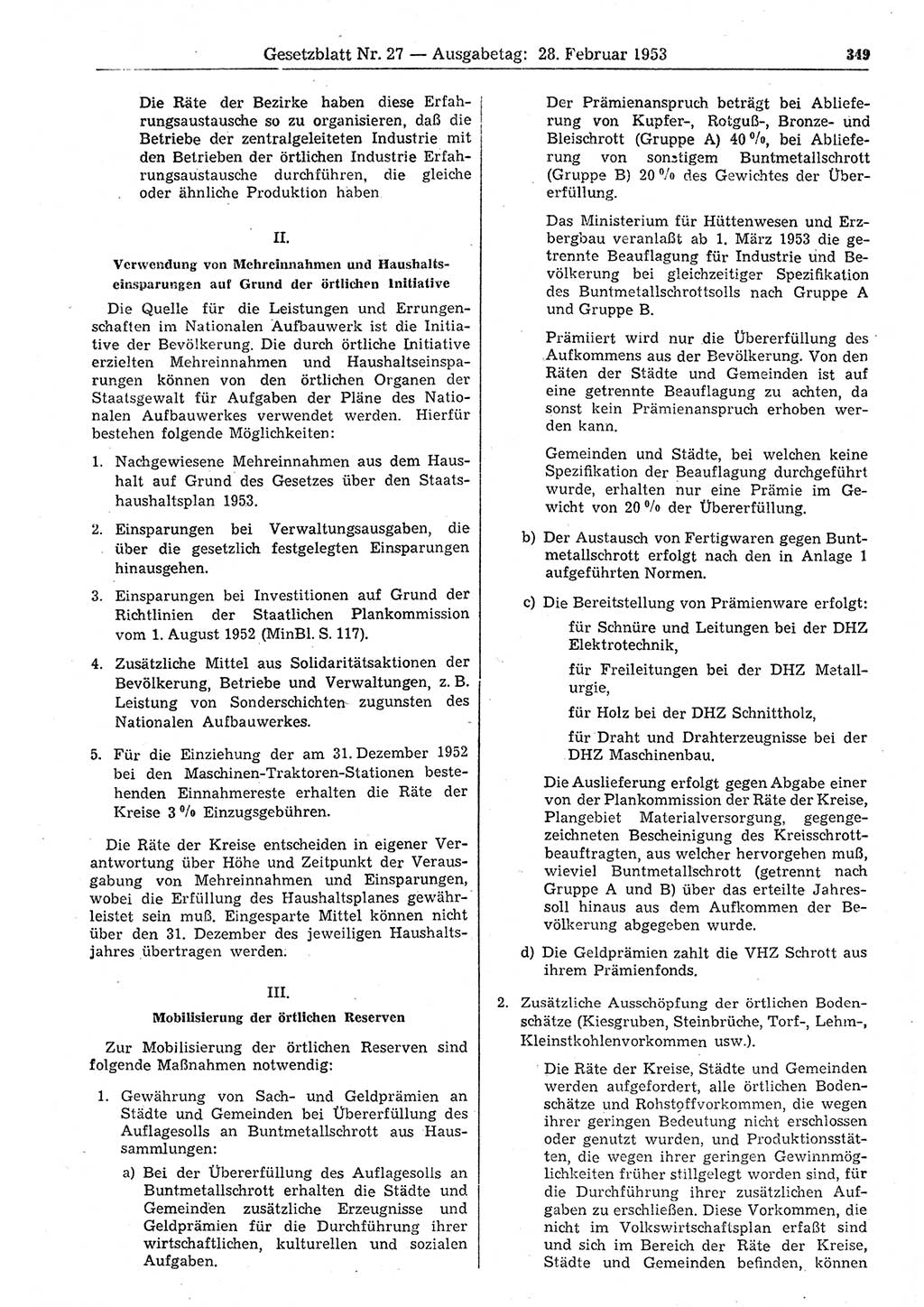 Gesetzblatt (GBl.) der Deutschen Demokratischen Republik (DDR) 1953, Seite 349 (GBl. DDR 1953, S. 349)