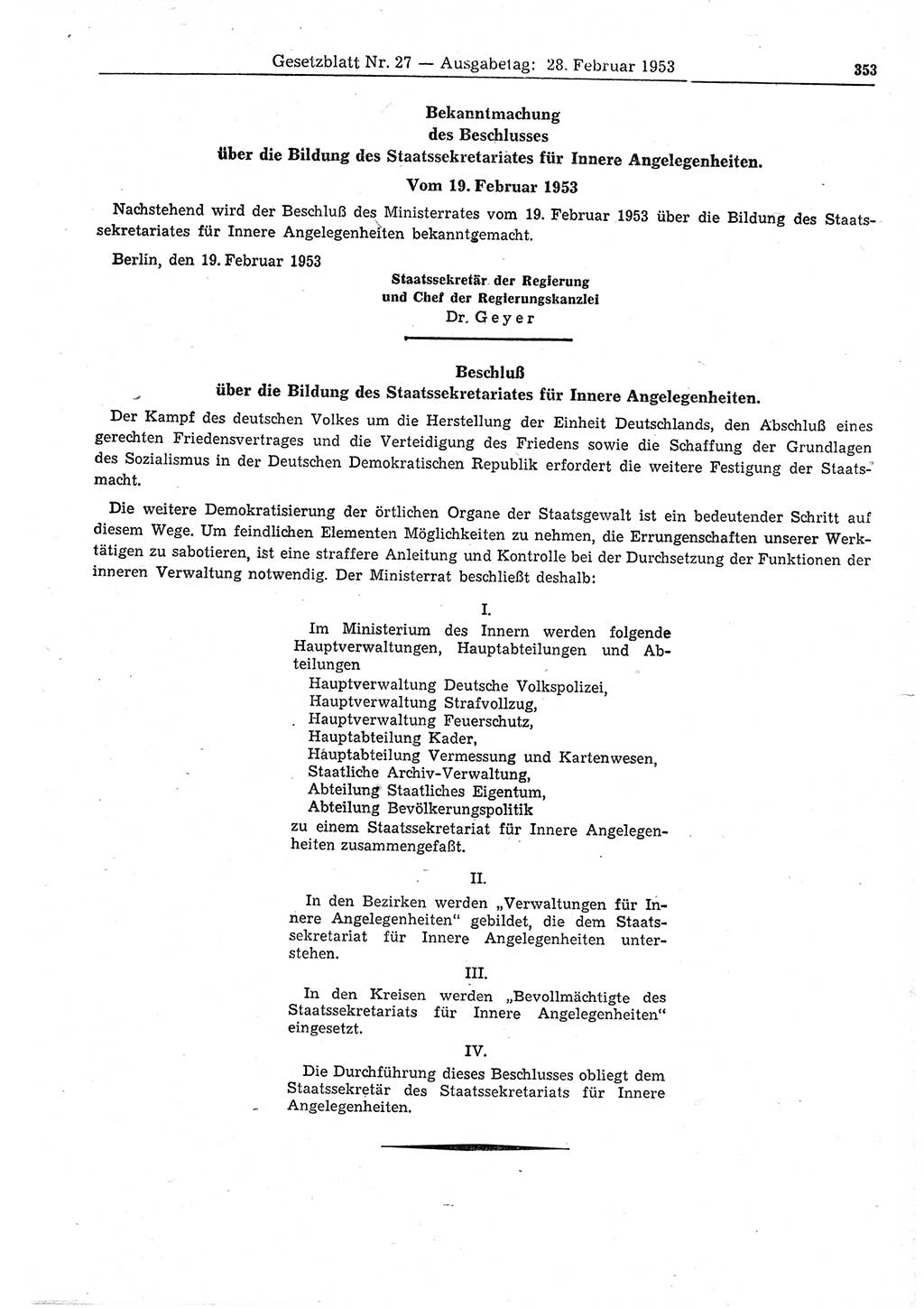 Gesetzblatt (GBl.) der Deutschen Demokratischen Republik (DDR) 1953, Seite 353 (GBl. DDR 1953, S. 353)